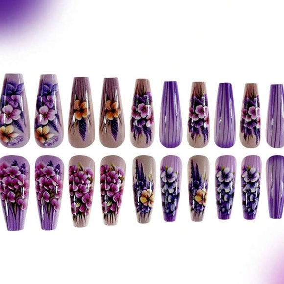 24pcs New Style Lavender Flower Nail Art Stickers Press-On Nails - Picture 3 of 4